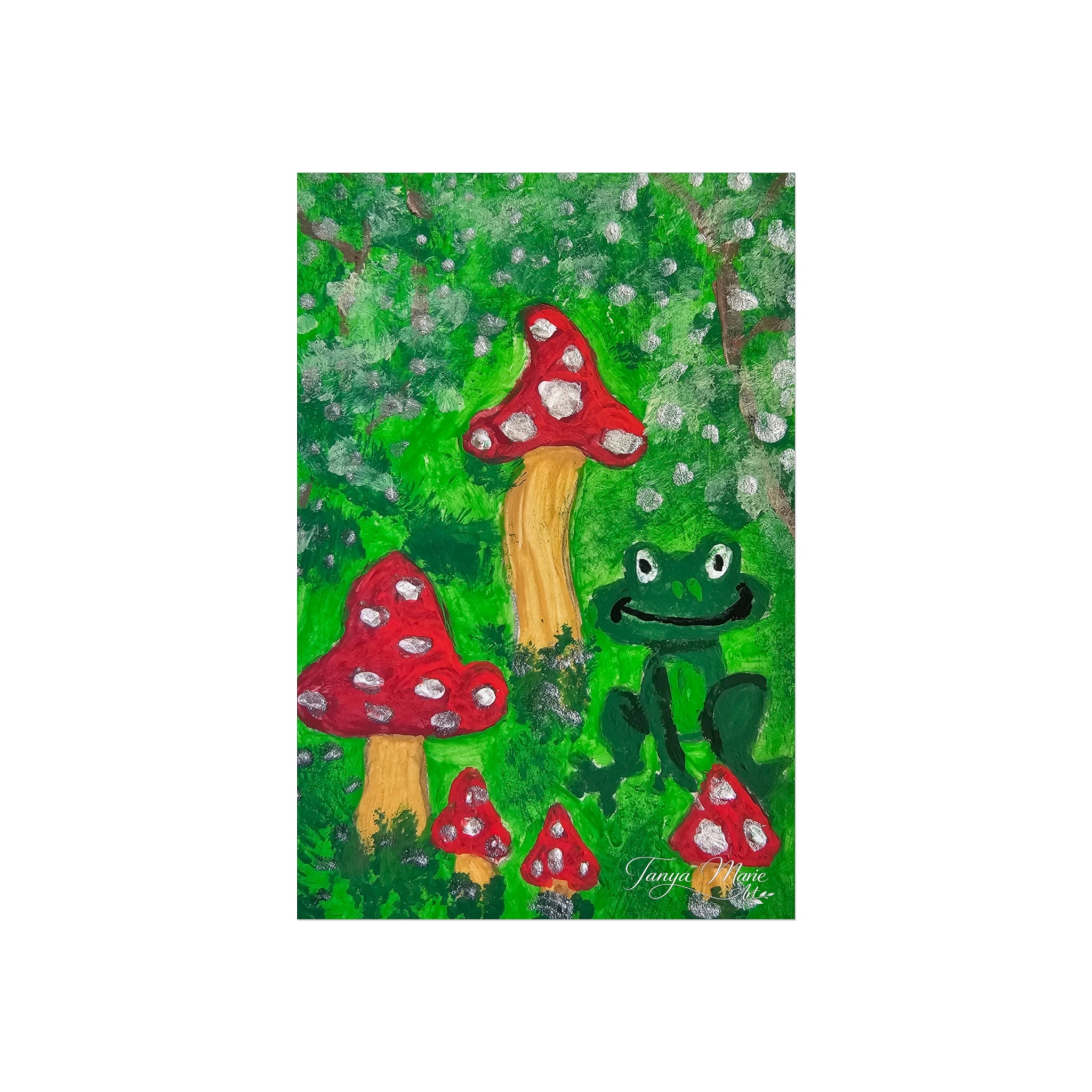 Forest mushroom wall poster close-up with red mushrooms, green frog, and white spotted texture