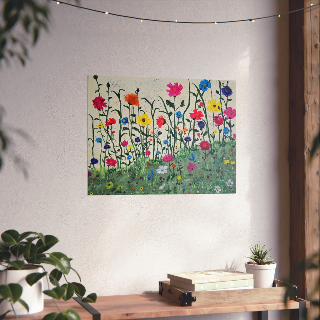 Matte floral art poster showing bright wildflowers with pink, blue, and yellow blooms