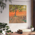 Sunset Path, Tree, Fence & Moon Landscape - Digital Art Print Download