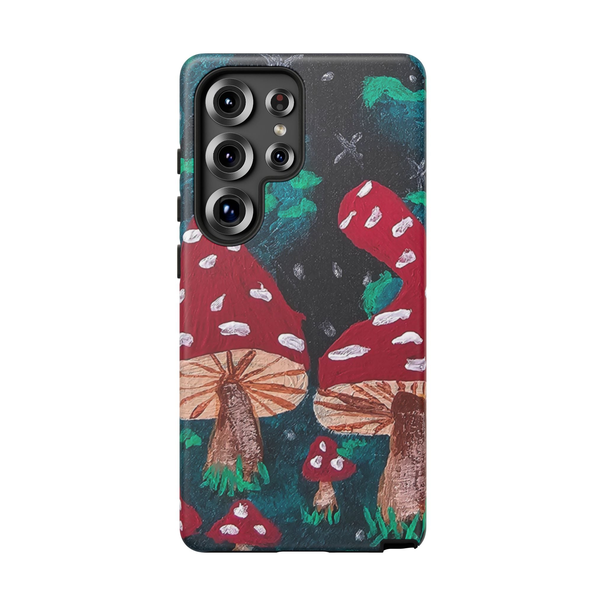 Tough phone case with teal frame and woodland mushrooms artwork; multi-lens camera housing visible.