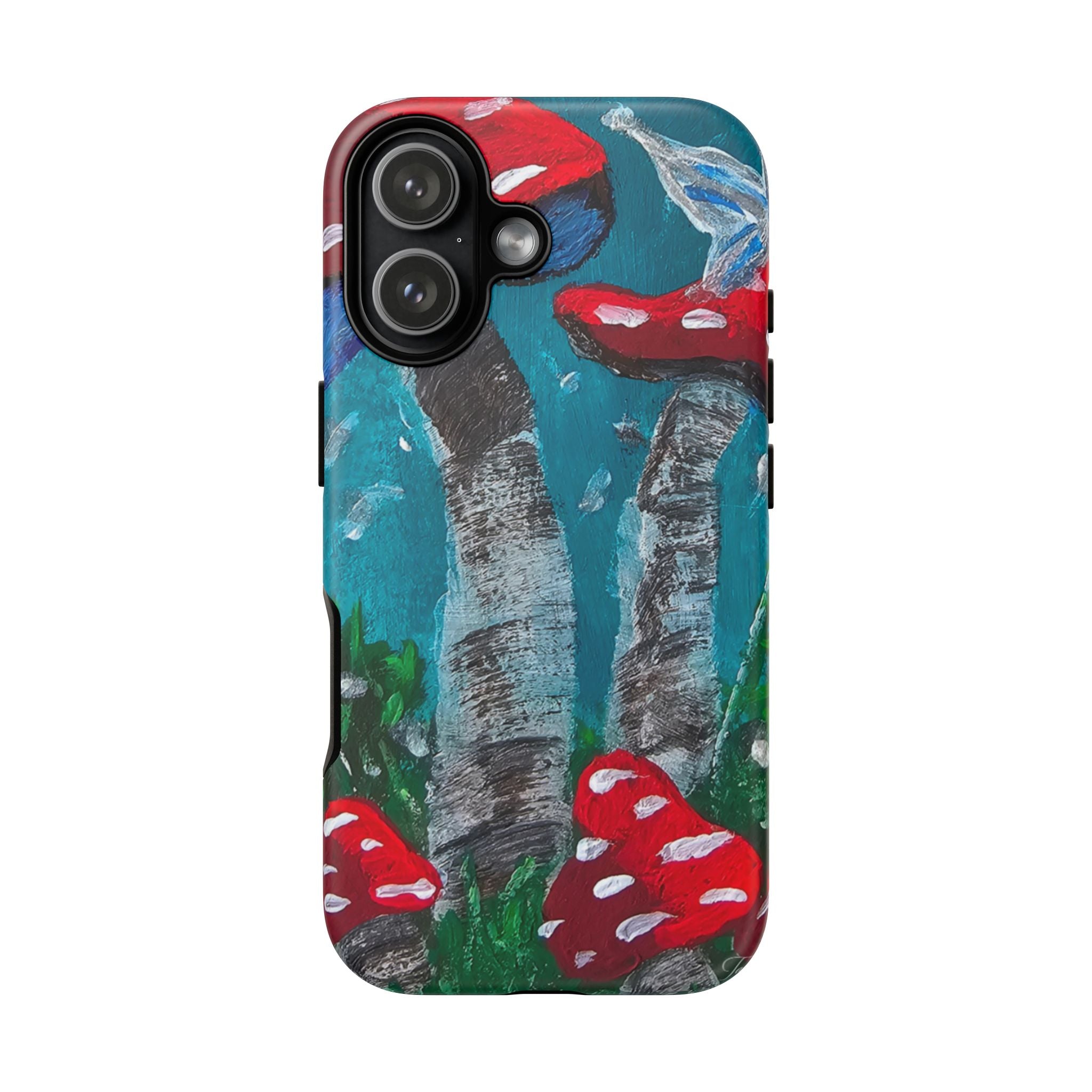 Phone case with glossy finish, teal birch scene with red toadstools, dual-camera cutout.