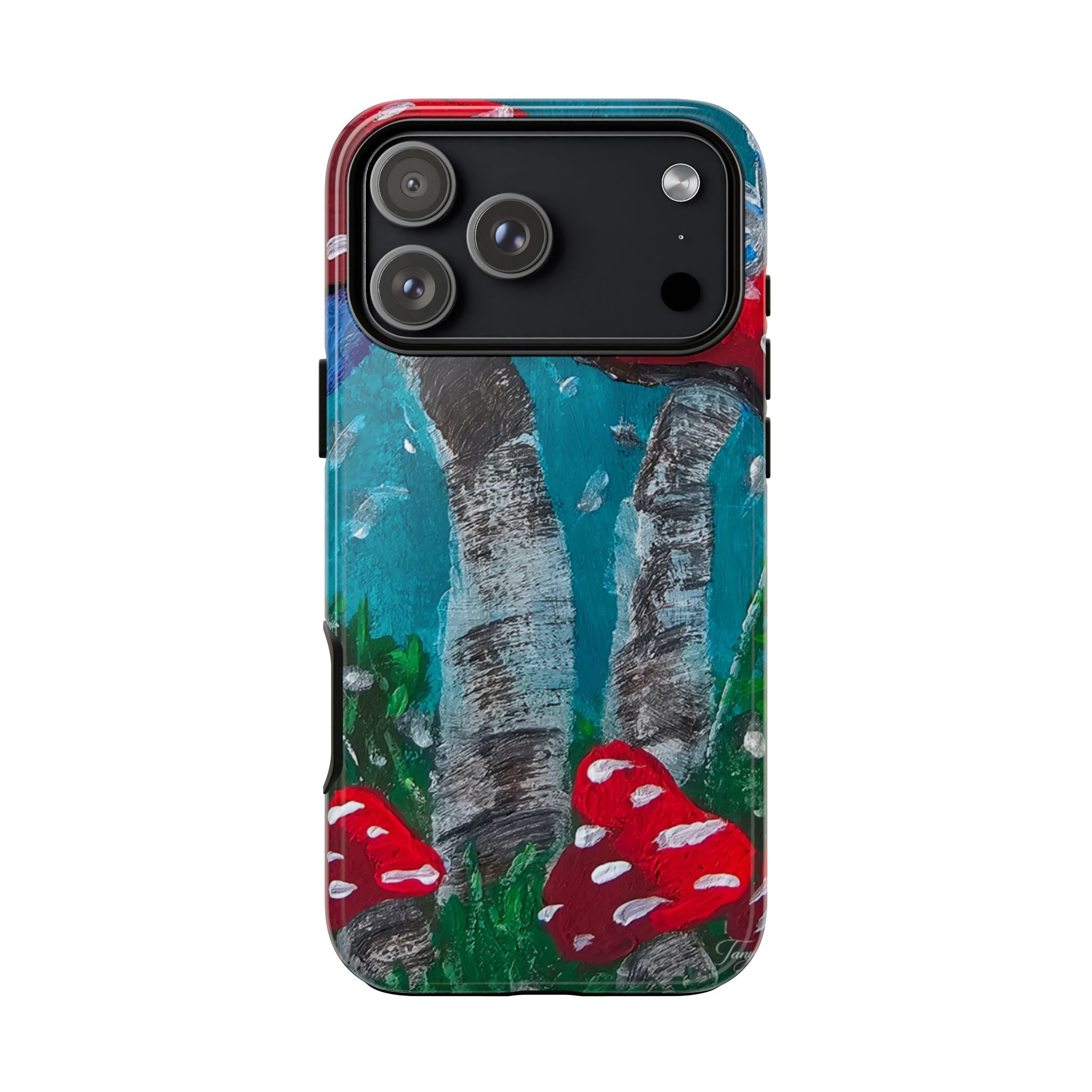Protective phone case with hand-painted red toadstools and teal-gray forest artwork; camera lens cutouts