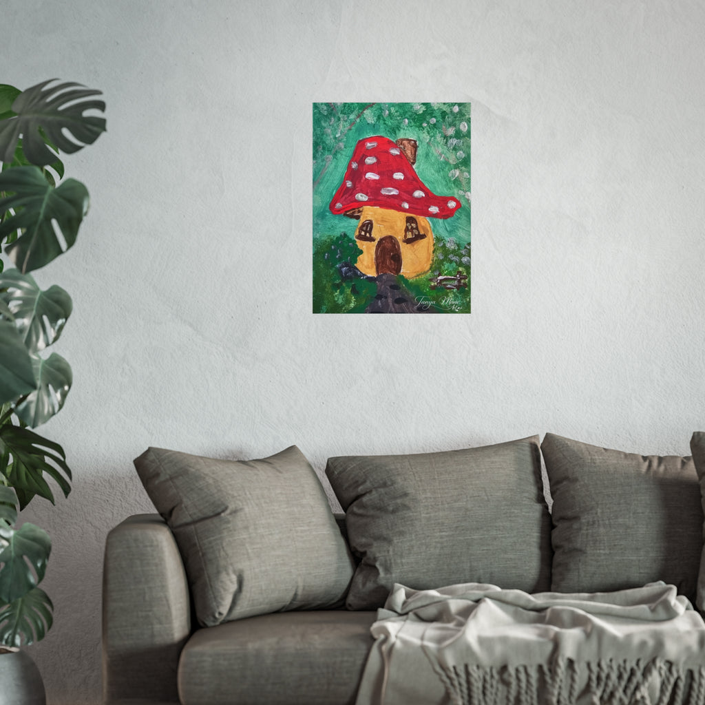 Square fine art poster of a mushroom cottage: red cap house on green with white speckles