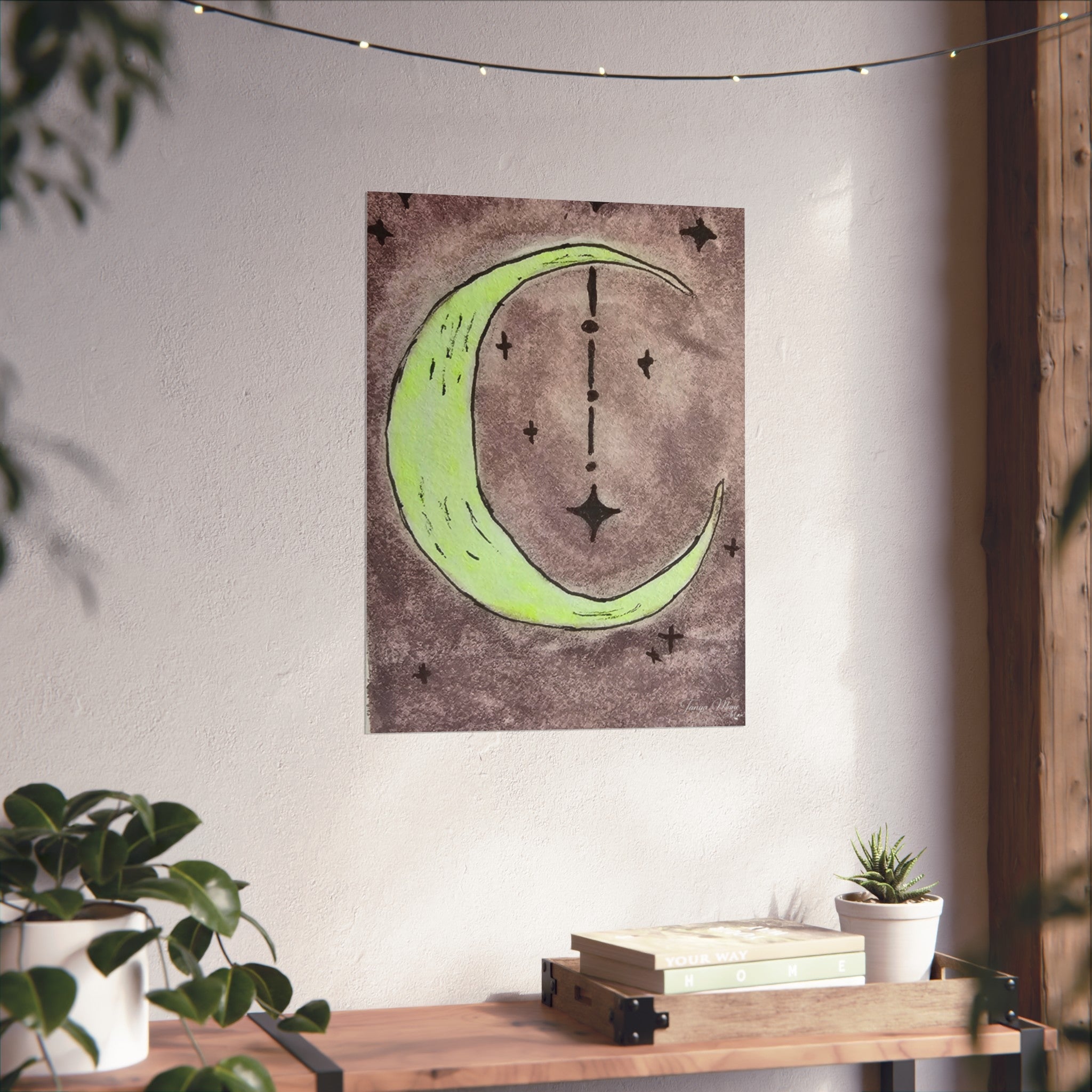 Square fine art poster with neon green crescent moon and star symbol dots on dark purple texture