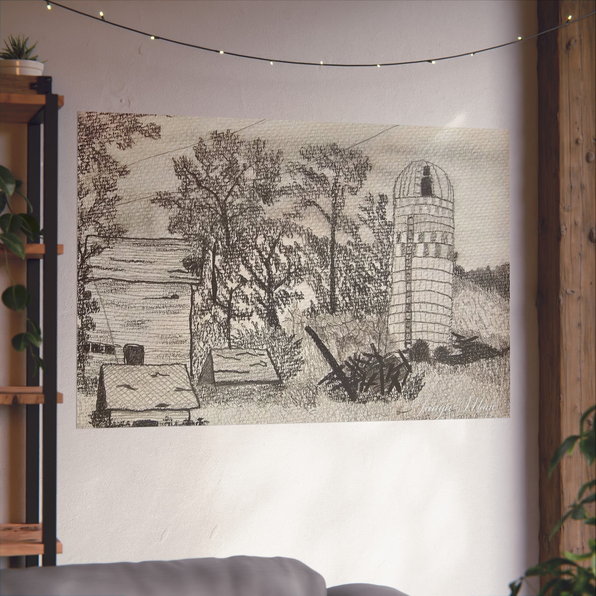 Rural Silo Pencil Sketch Poster — Fine Art Farm Landscape Print