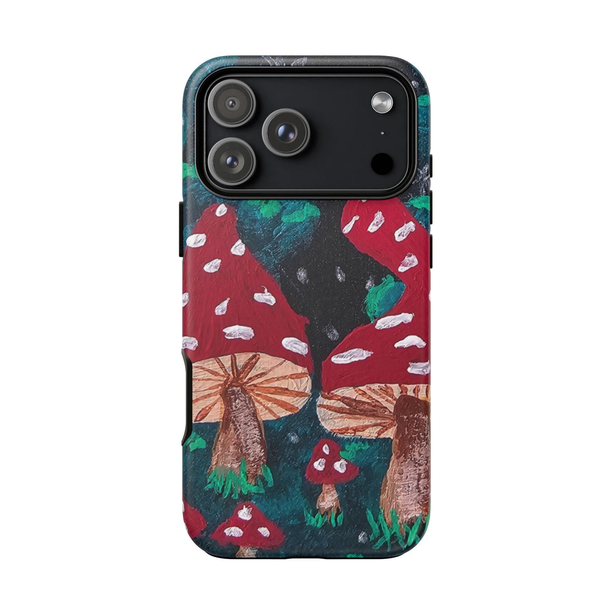 Tough phone case with red mushroom, teal accents, and protective raised camera housing.