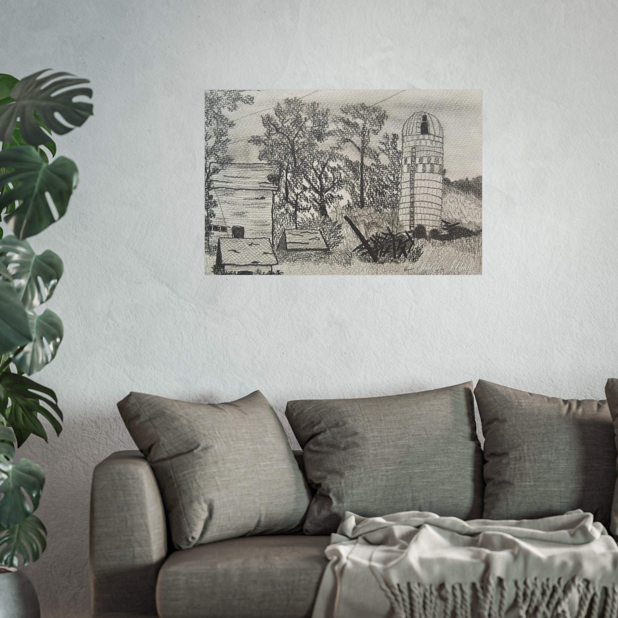 Rural Silo Pencil Sketch Poster — Fine Art Farm Landscape Print