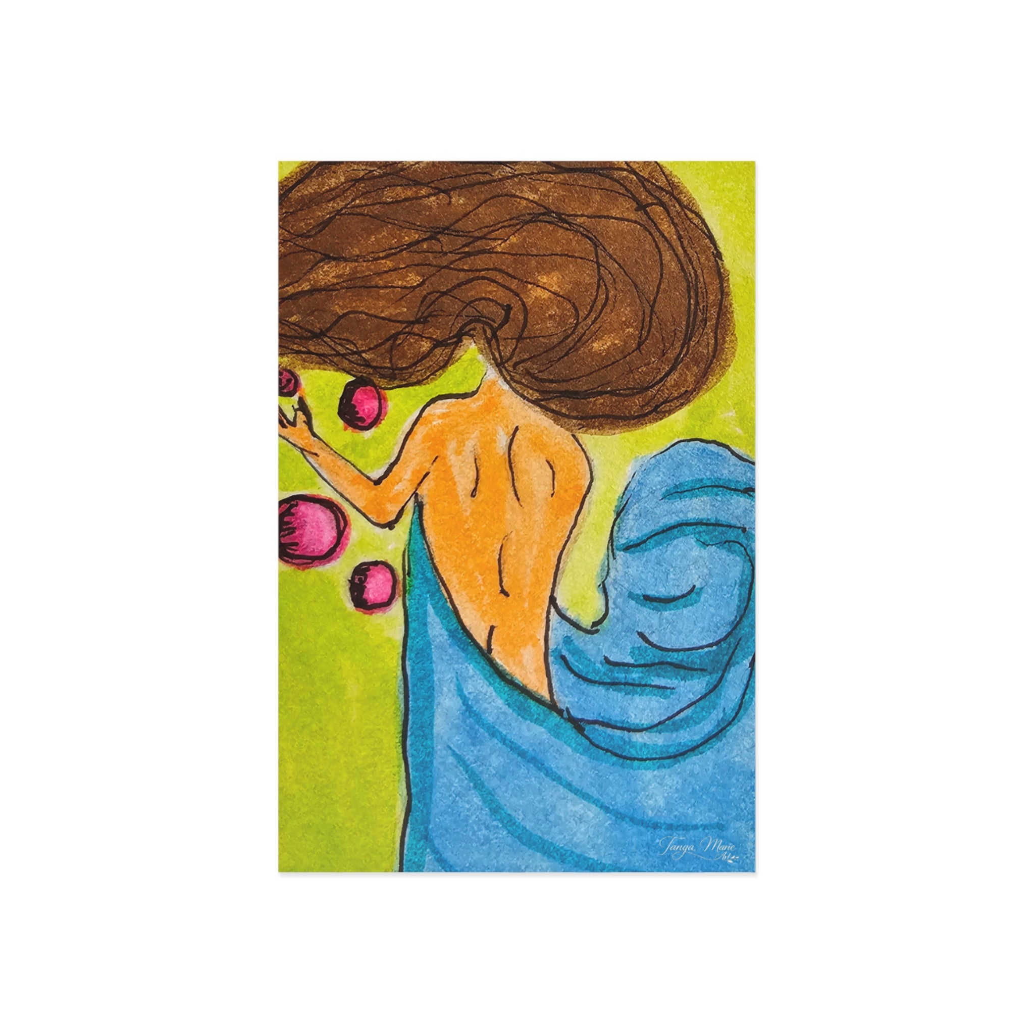 Close-up illustrated postcard of a woman with flowing brown hair and blue cloak on green
