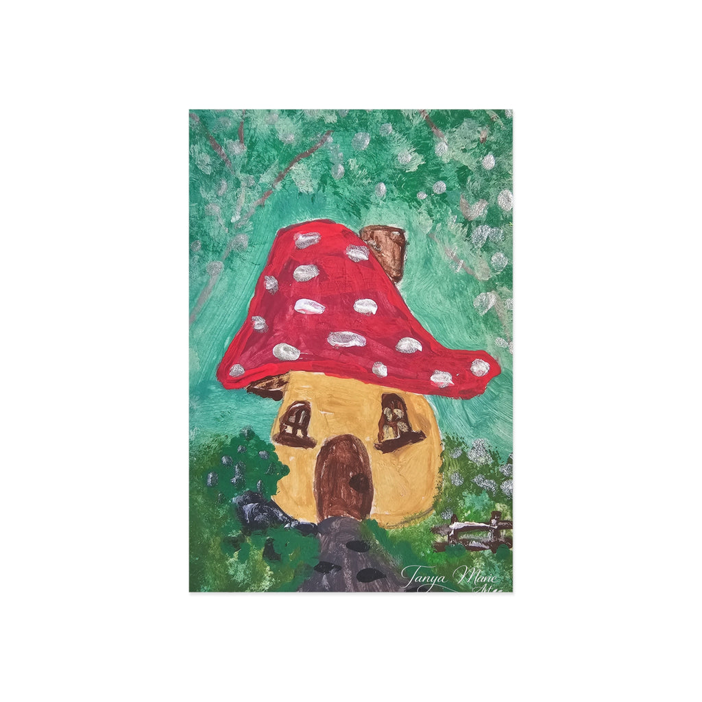Fairy house greeting card postcard with red mushroom cap house illustration