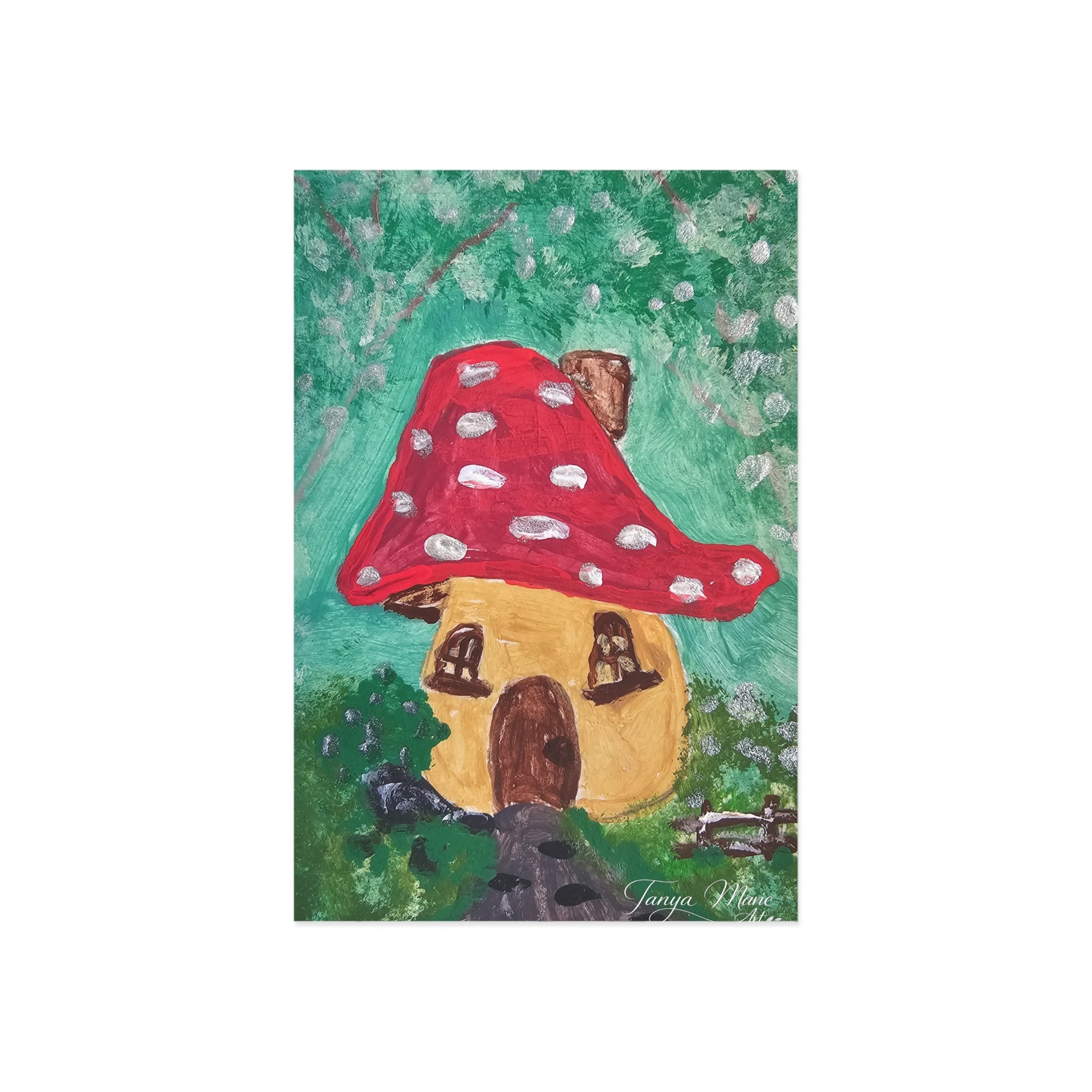 Fairy house greeting card postcard with red mushroom cap house illustration