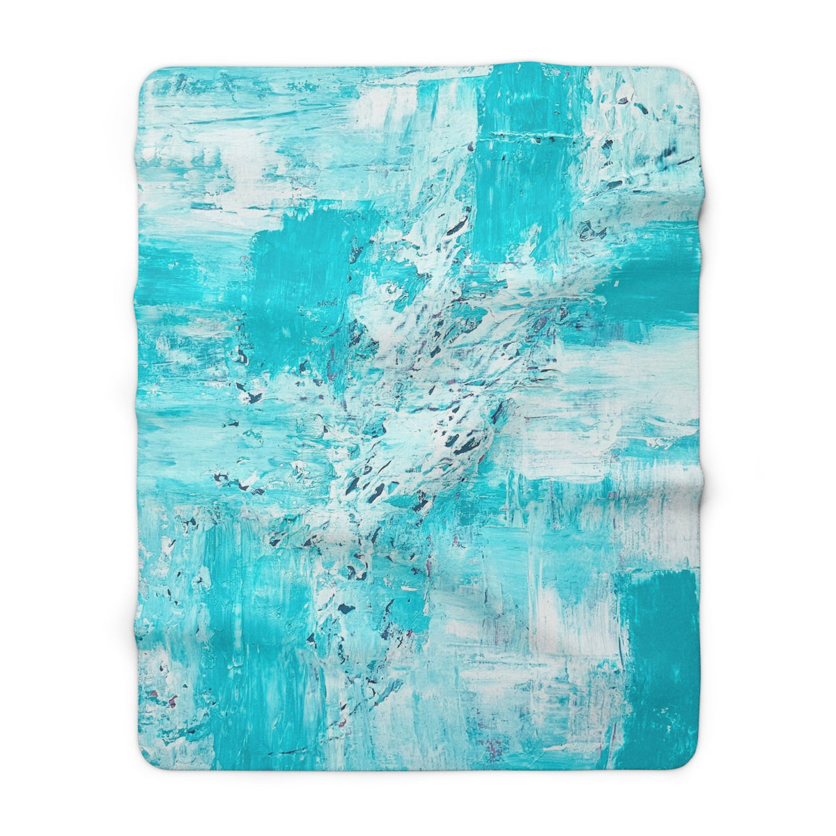 Turquoise abstract sherpa blanket square with white and teal brushstroke texture