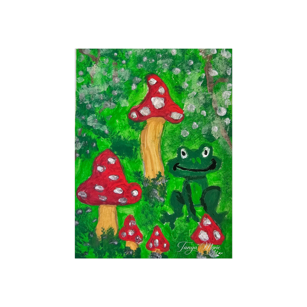 Close-up mushroom wall art poster showing red toadstools, green frog, and white speckles