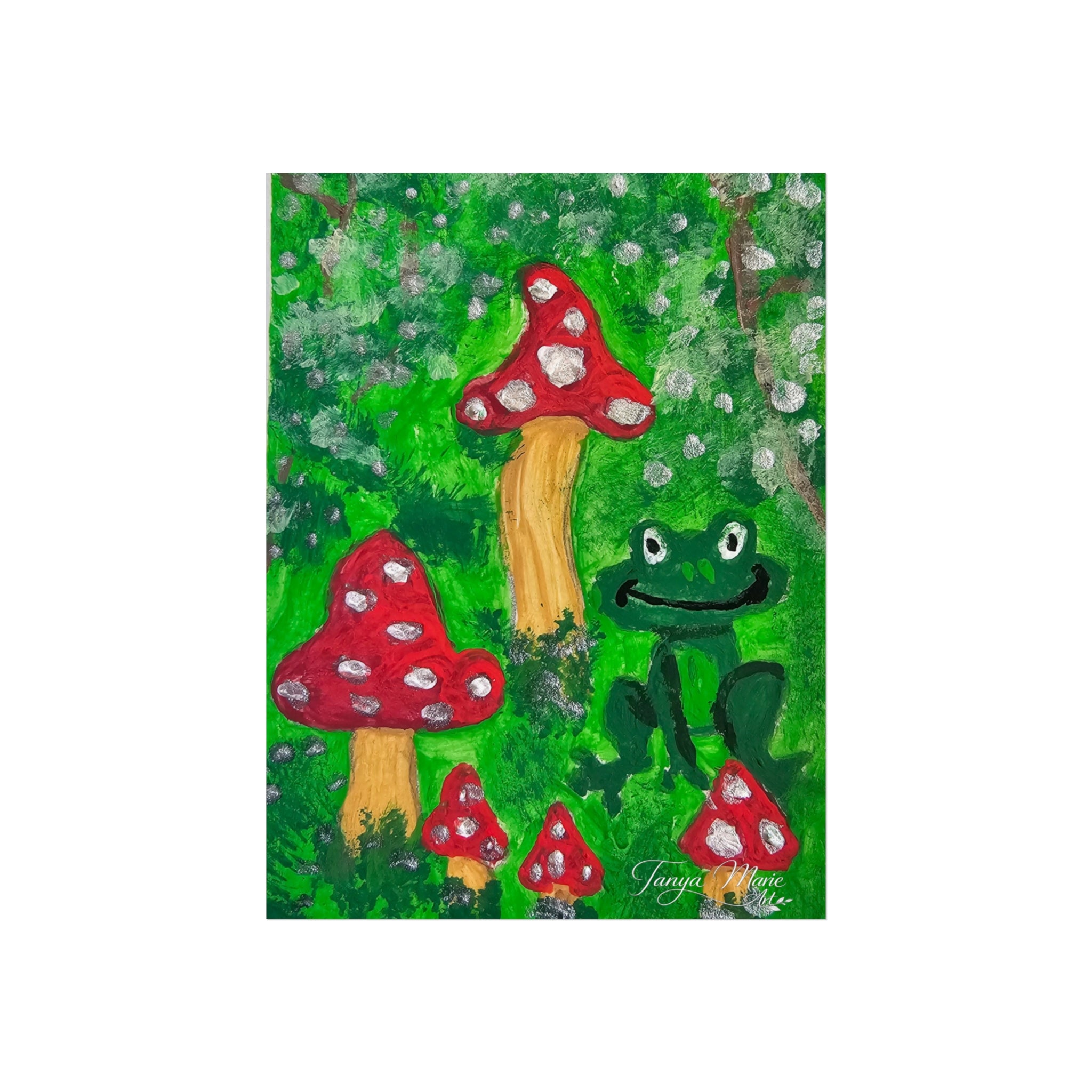 Close-up mushroom wall art poster showing red toadstools, green frog, and white speckles