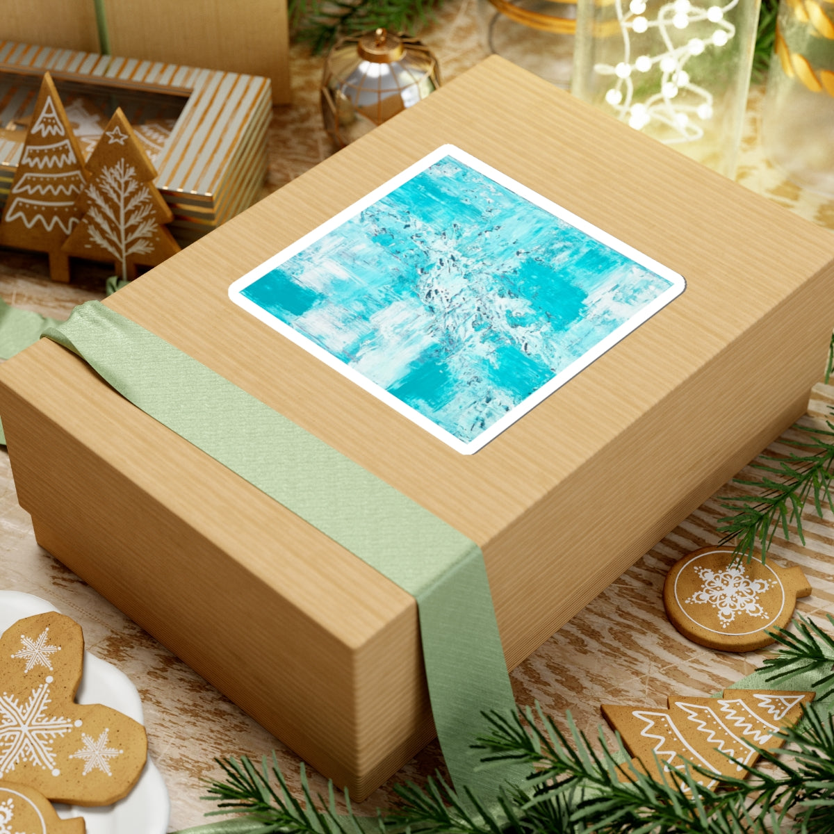 Square teal abstract art sticker with white border, angled view.