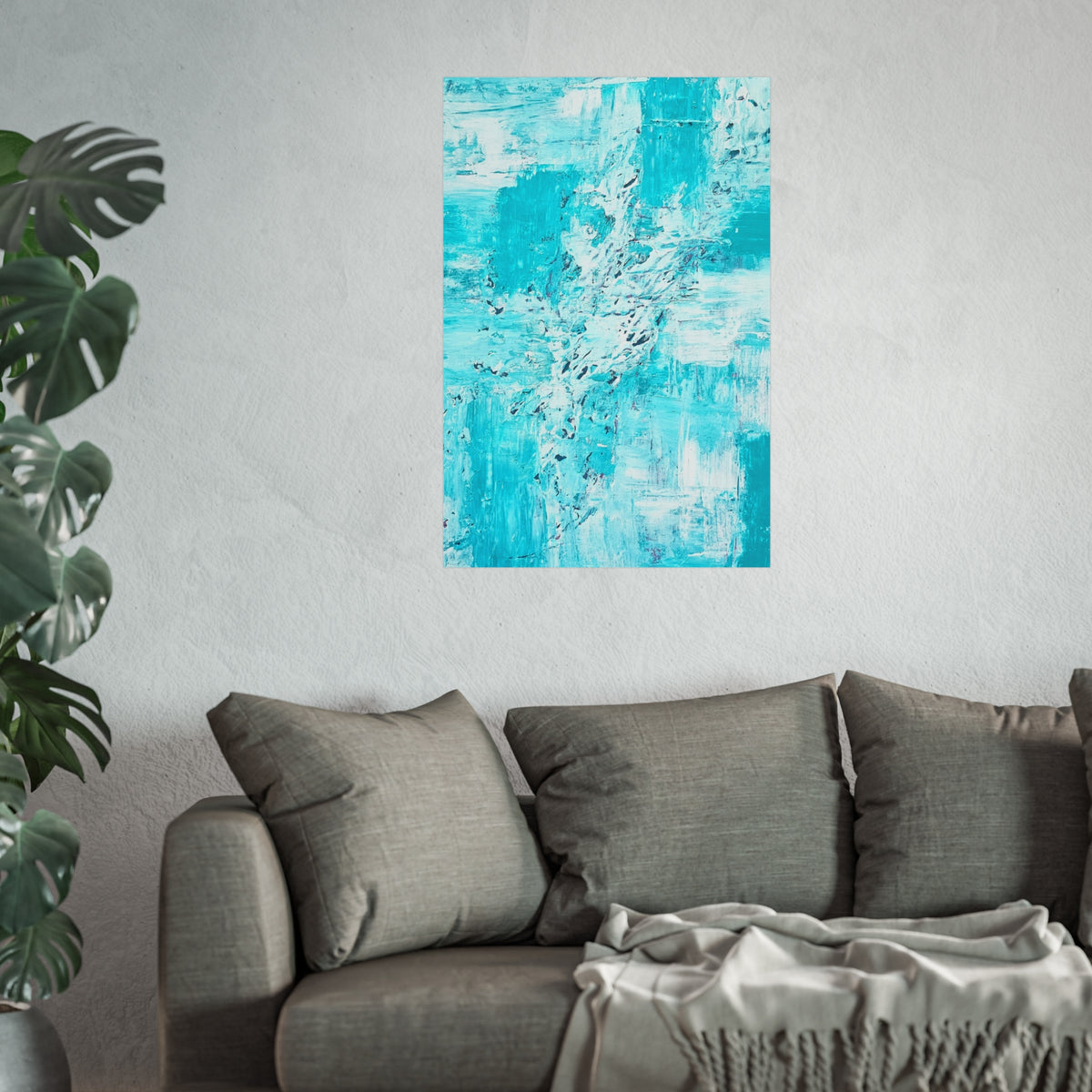 Square turquoise abstract ocean art poster with textured blue-green paint areas.