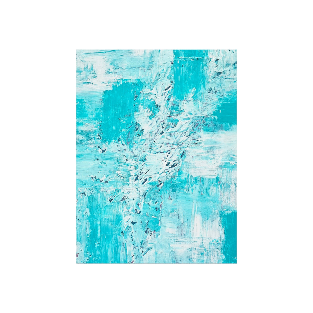 Vertical abstract wall art poster with teal and aqua tones and white swirled brush details.