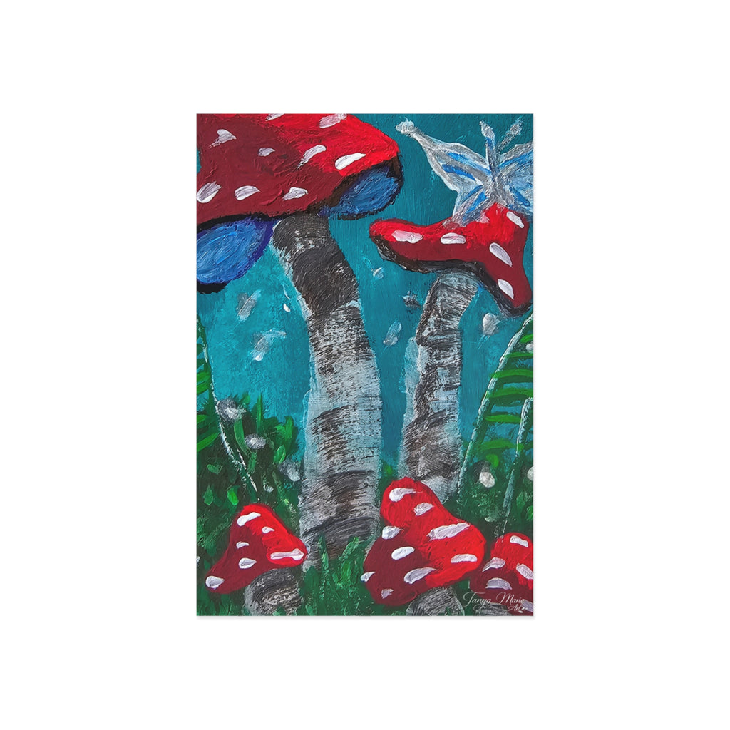 Glossy postcard with red-and-white mushrooms and blue sky, dark trunk center