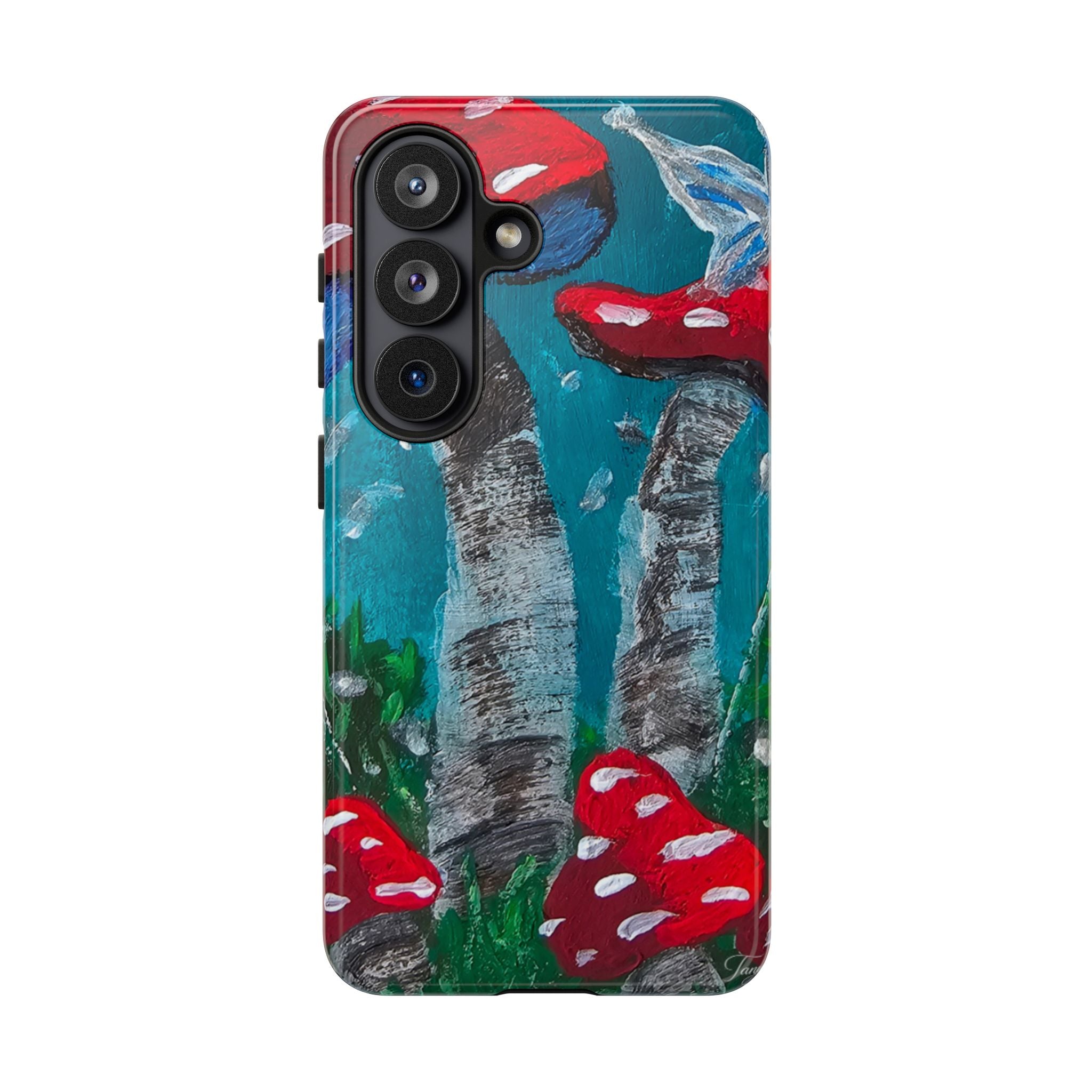 Protective phone case with hand-painted red toadstools on teal and gray forest art; side button cutouts