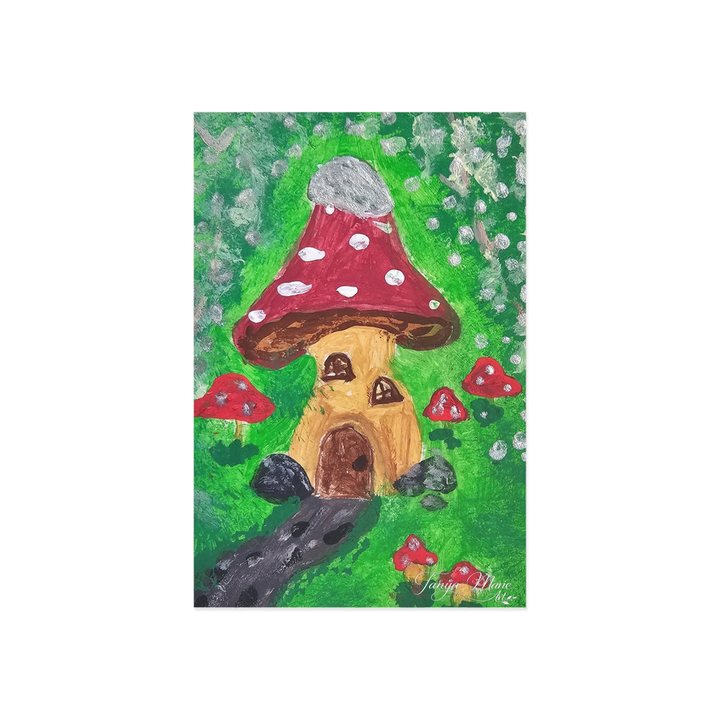 Glossy mushroom house postcard with green forest background and red-capped mushrooms illustration