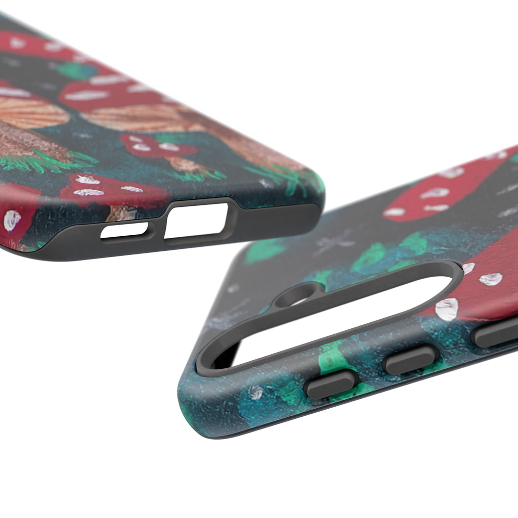 Tough phone case with forest mushroom pattern, black protective frame and open ports.