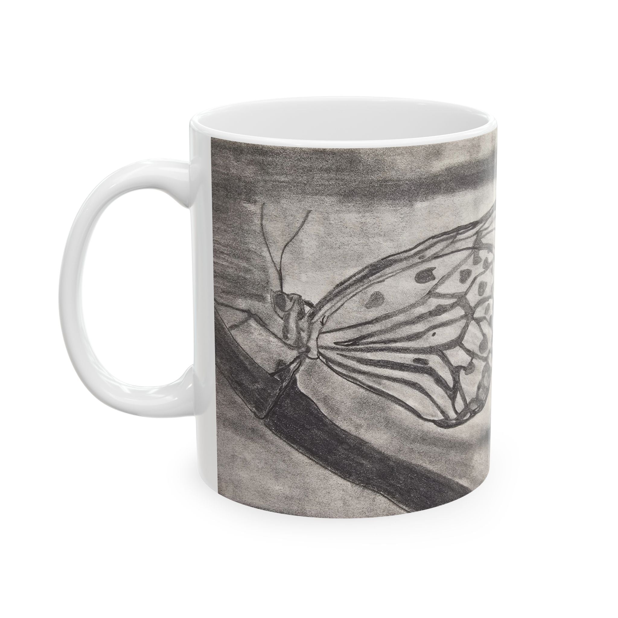 Butterfly Kisses - Butterfly Wing Sketch Ceramic Mug — Black & White Art Coffee Cup (11oz/15oz)