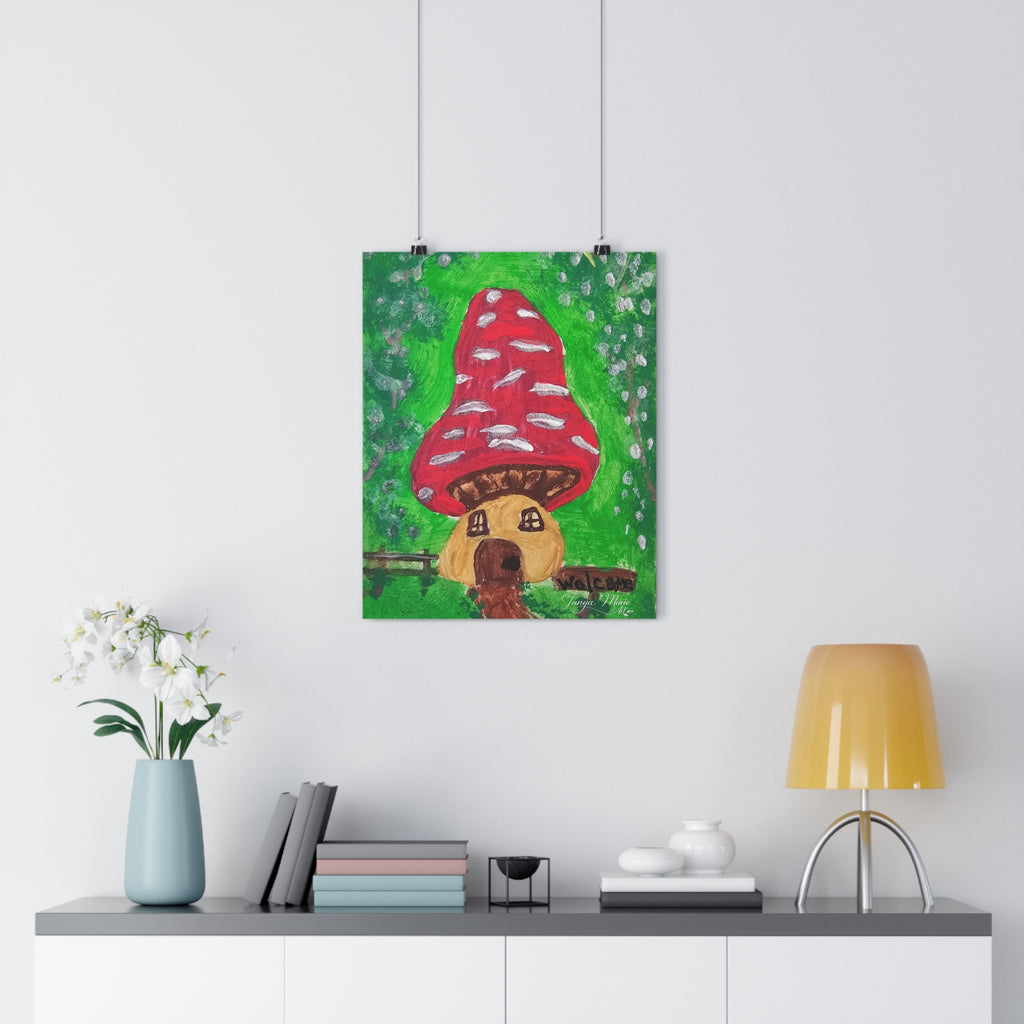 Hanging wall art print with red mushroom house and brown dog on green artwork