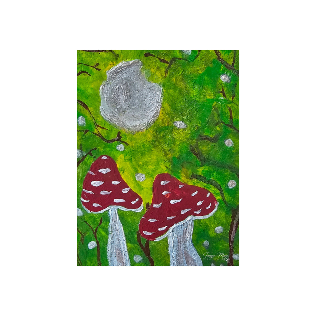 Vertical mushroom art print with vivid green background, gray cap, and two red spotted mushrooms.