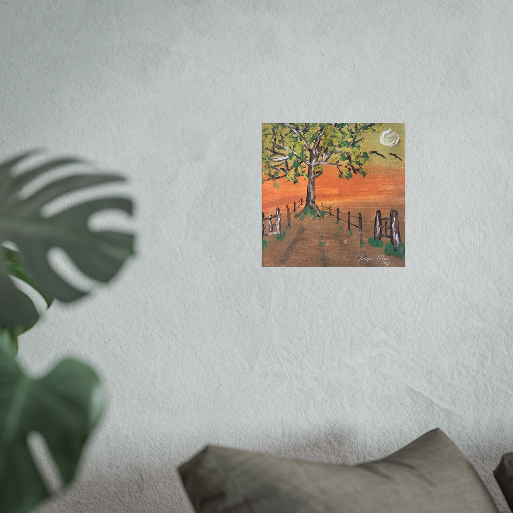 Sunset Path Fine Art Poster — Tree, Fence & Moon Landscape Print