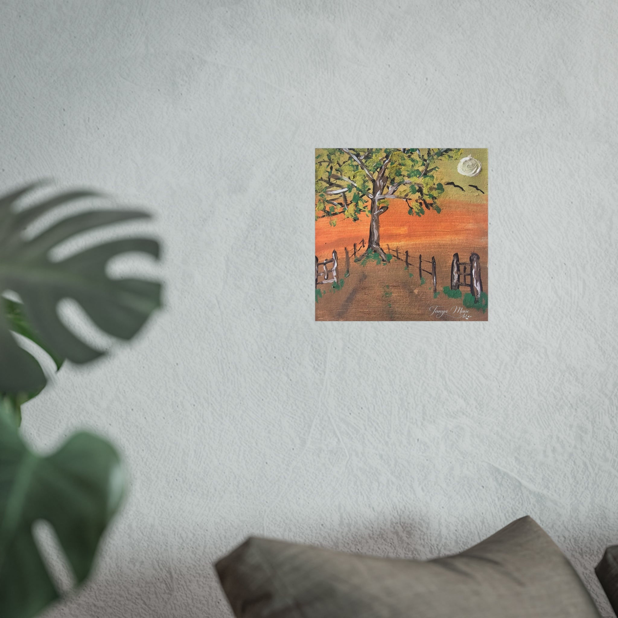 Sunset Path Fine Art Poster — Tree, Fence & Moon Landscape Print
