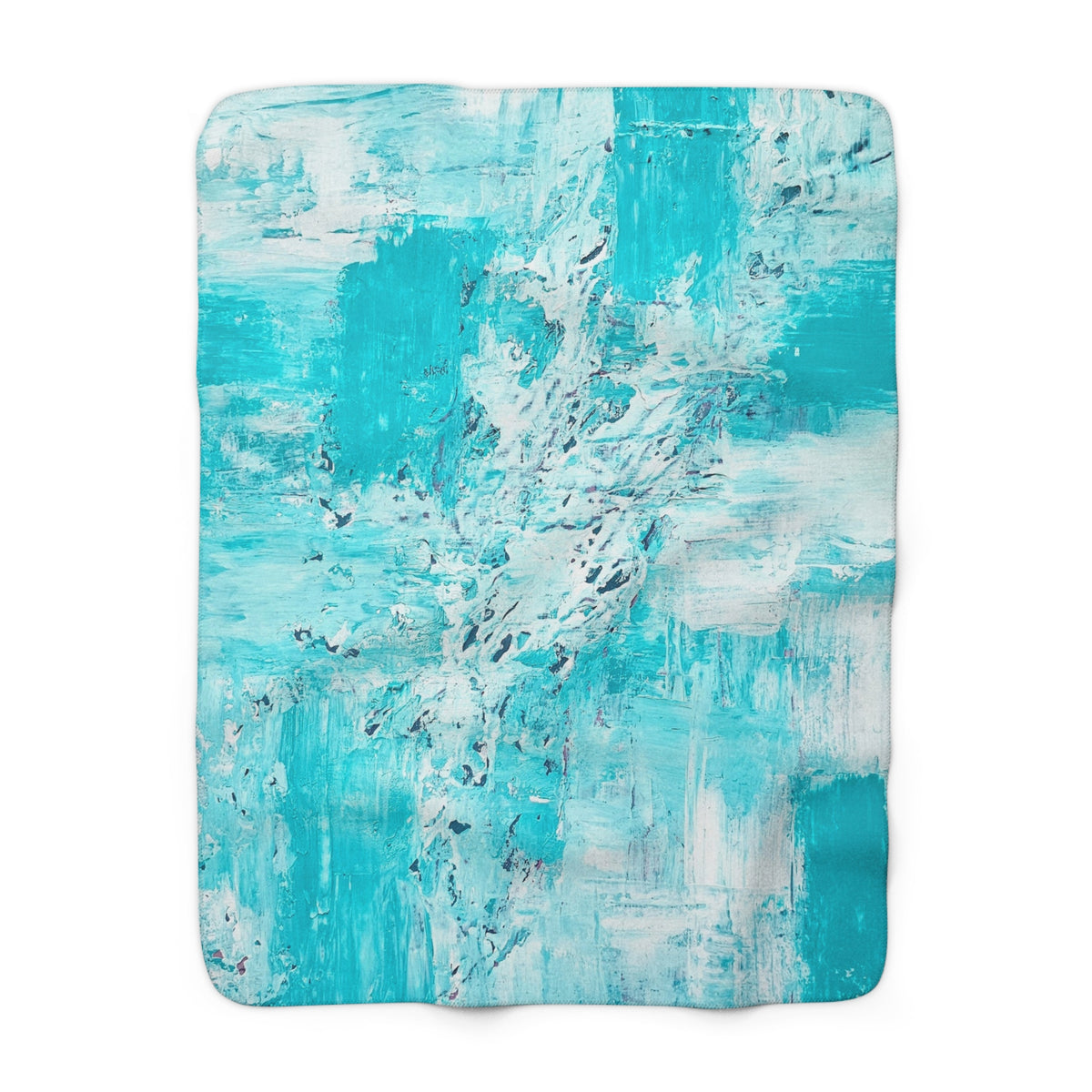 Turquoise abstract sherpa blanket featuring teal, white, and aqua streaked artwork