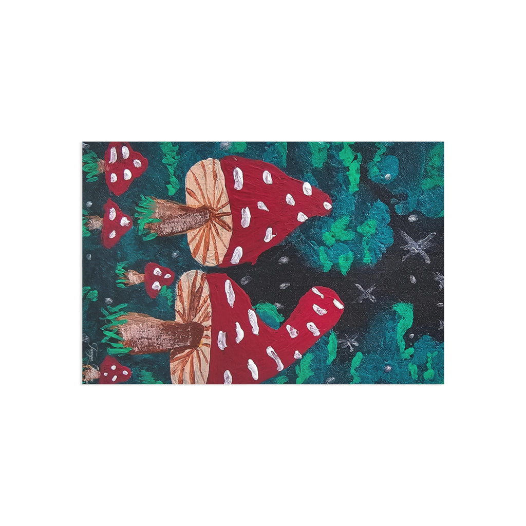 Mushroom forest postcard front with red spotted amanita mushrooms and green foliage