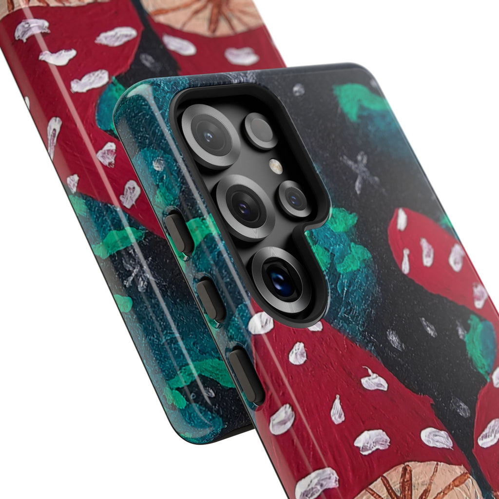 Tough phone case back view featuring multi-camera cutouts and mushroom forest artwork.