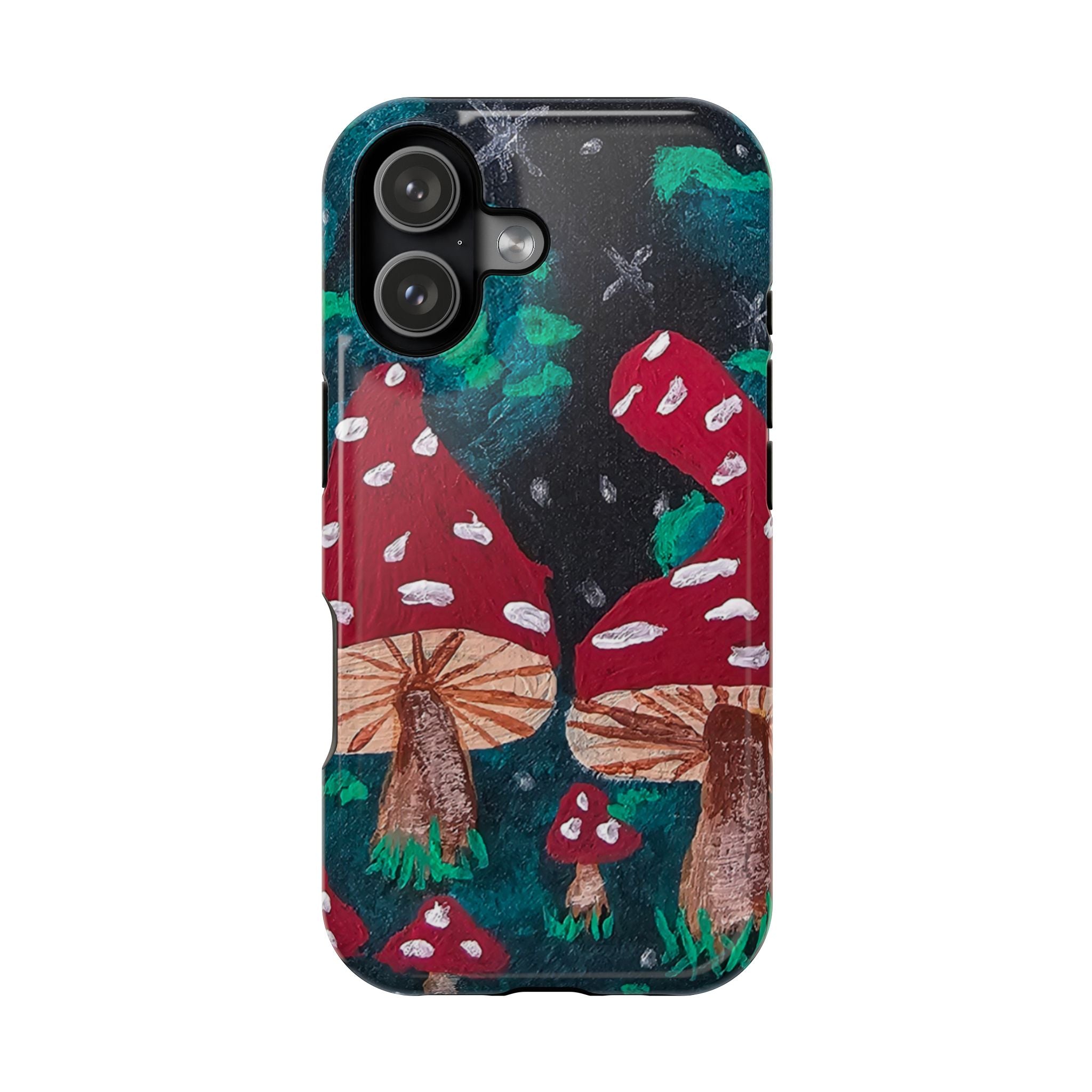 Phone case with red toadstool forest design, camera cutouts on top left