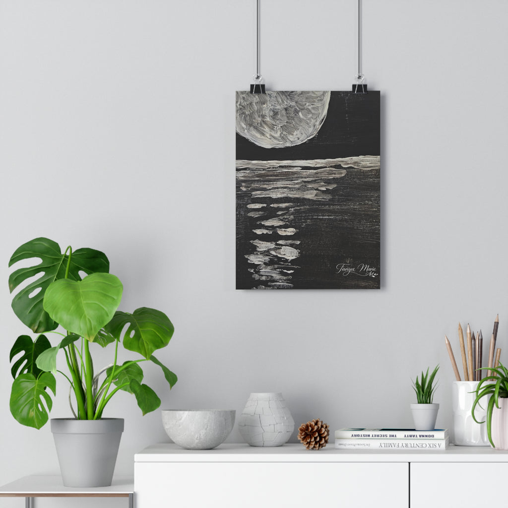 Moonlight Reflection Giclée Art Print — Monochrome Lunar Seascape