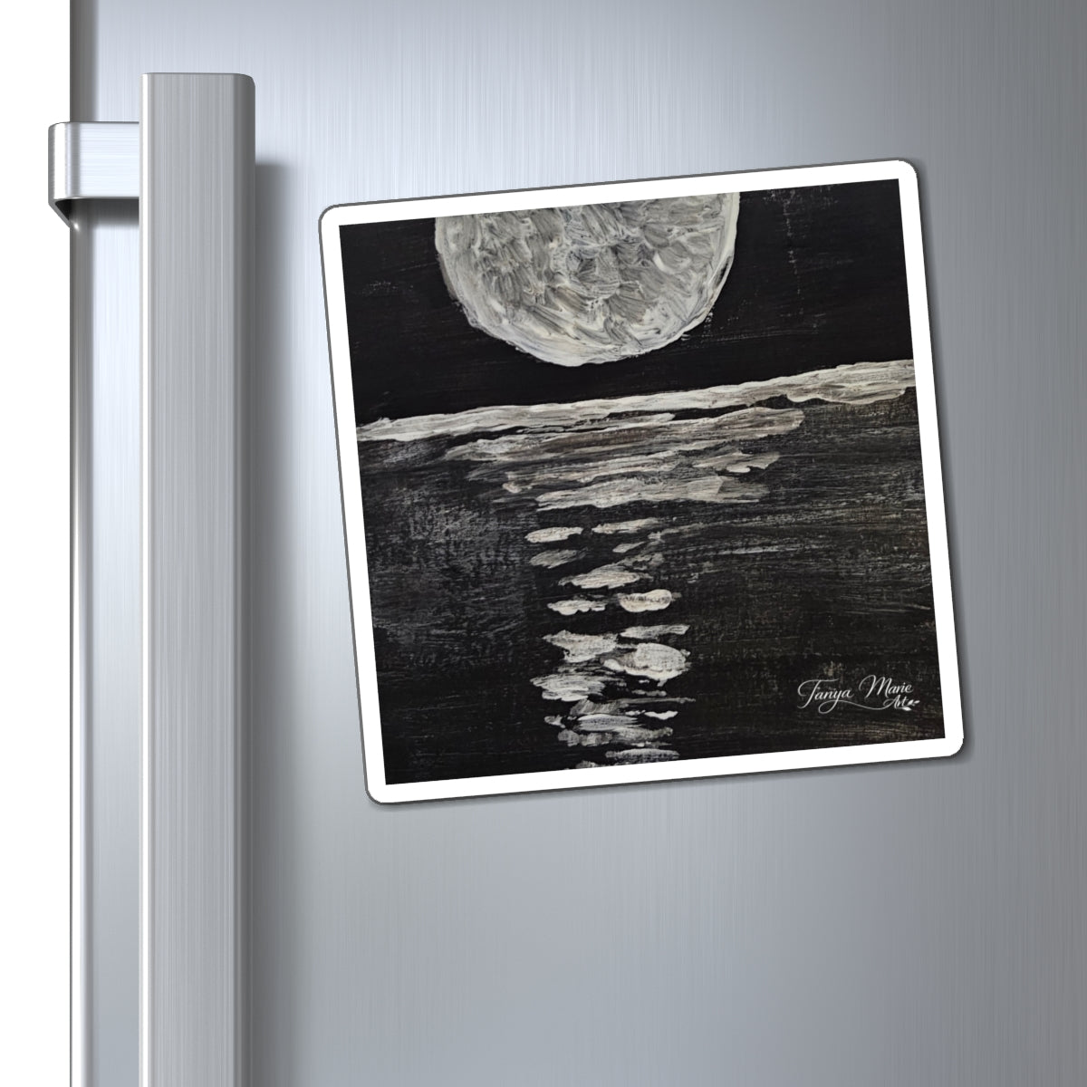 Moonlit Ocean Magnet — Black & White Lunar Art Refrigerator Magnet