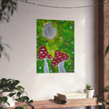 Whimsical forest mushroom art poster with green background, red spotted mushrooms, and gray cap.