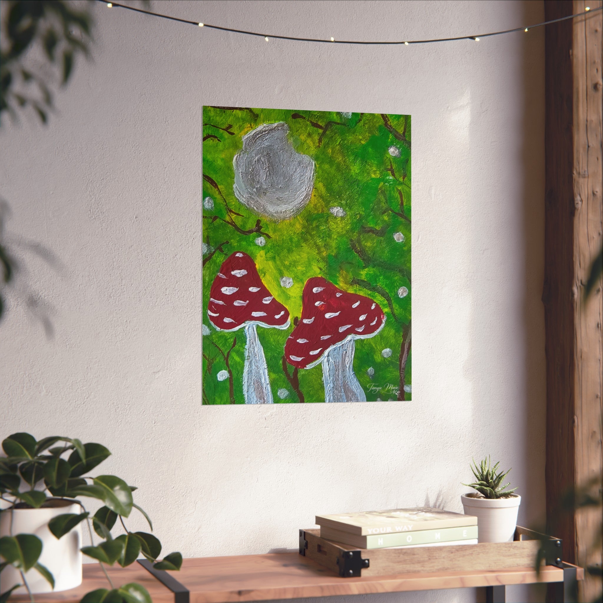 Whimsical forest mushroom art poster with green background, red spotted mushrooms, and gray cap.