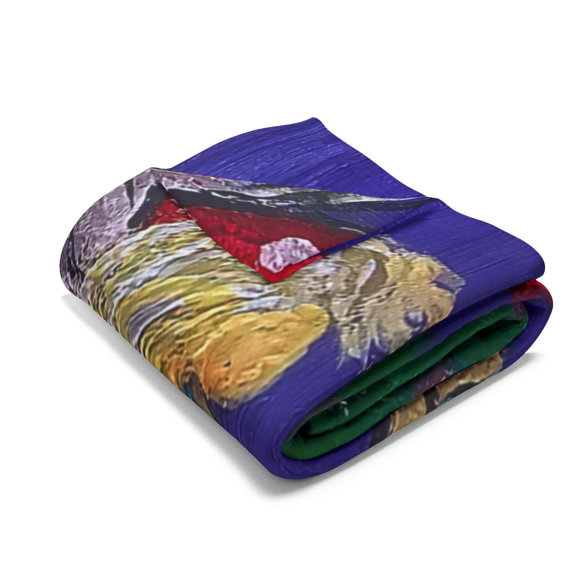 Stacked folded fleece throw blanket with blue fairy-mushroom design and green underside