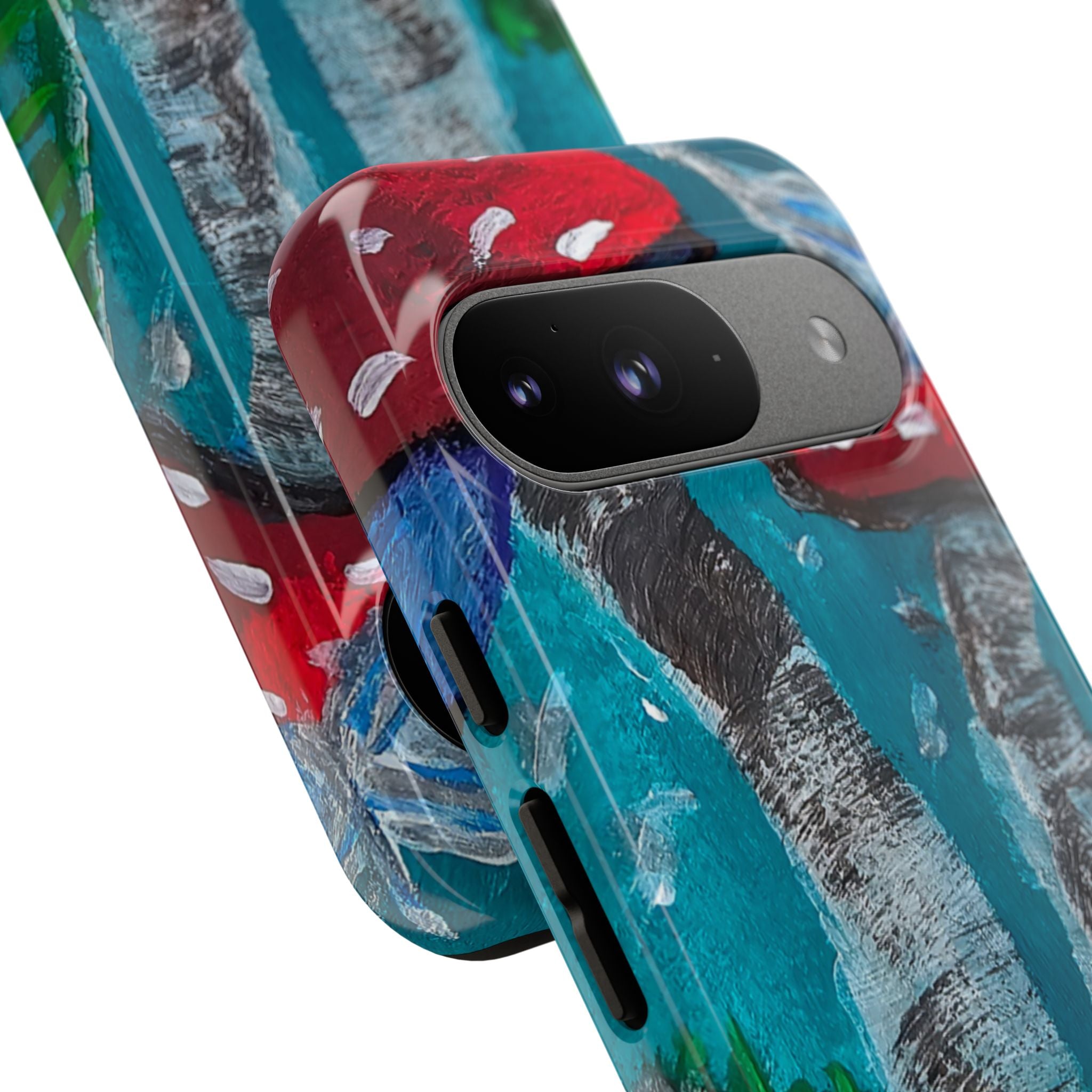Phone case with red toadstools, birch design, and camera cutout on teal