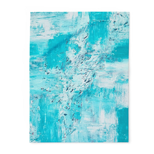 Turquoise abstract fleece blanket with blue-white marbled pattern, flat view.