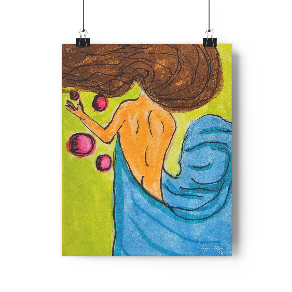 Giclée art print of a woman with flowing hair and blue dress, colorful figurative art
