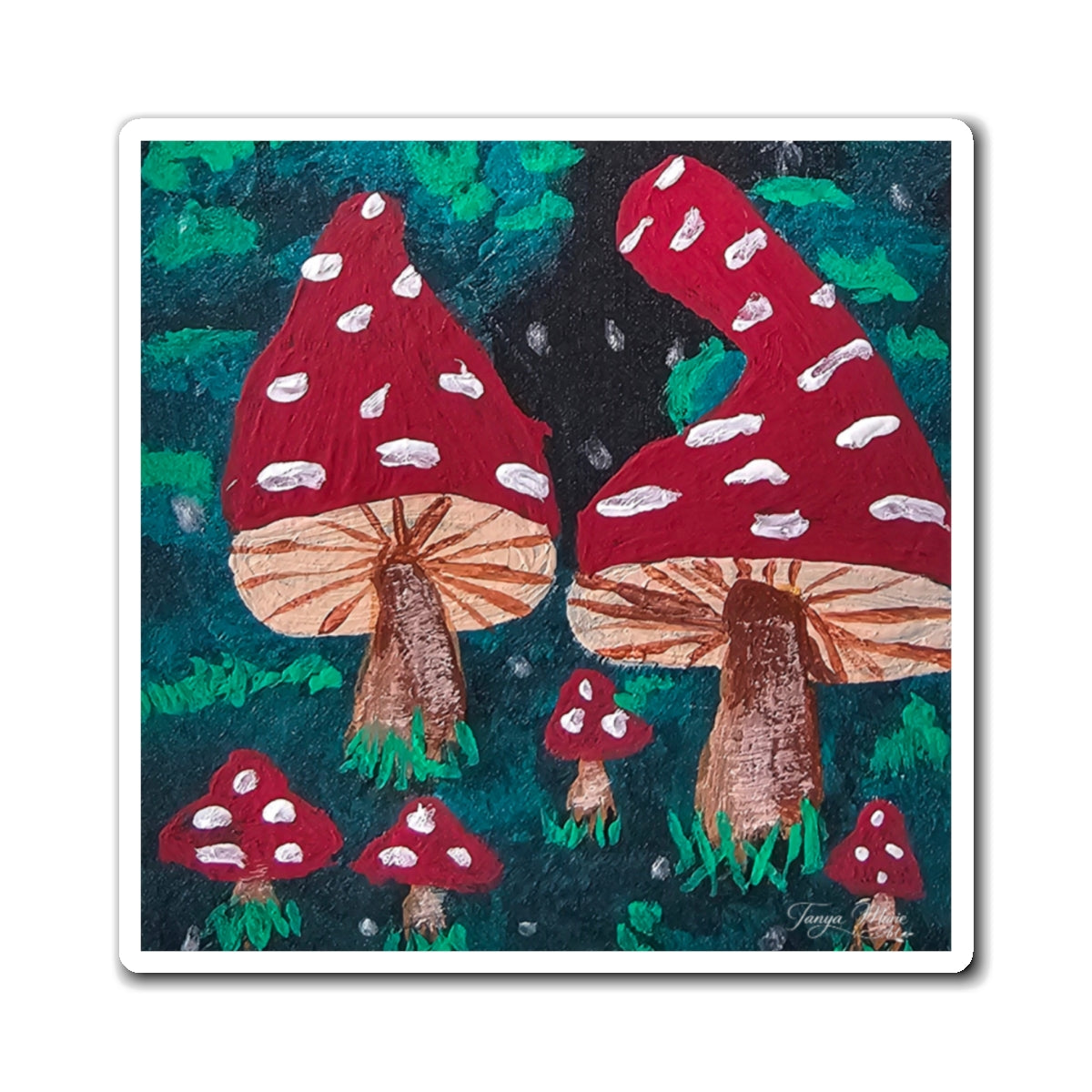 Toadstool refrigerator magnet featuring multiple red mushrooms with white spots in a forest scene