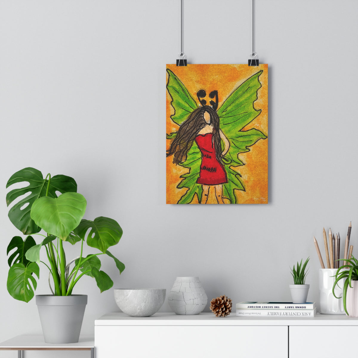 Whimsical fairy art print with large green wings and red dress