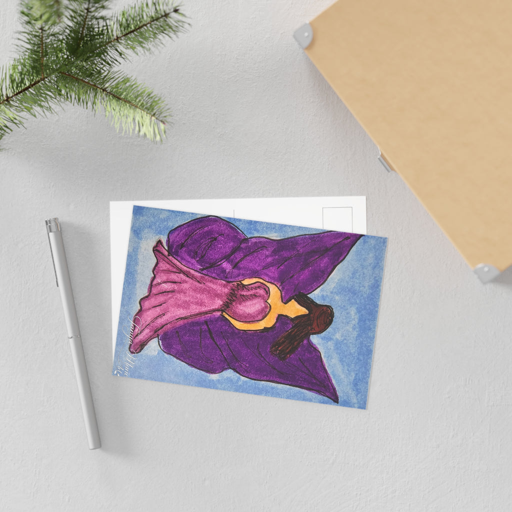 Purple fairy postcard front with pink dress and wings on blue background