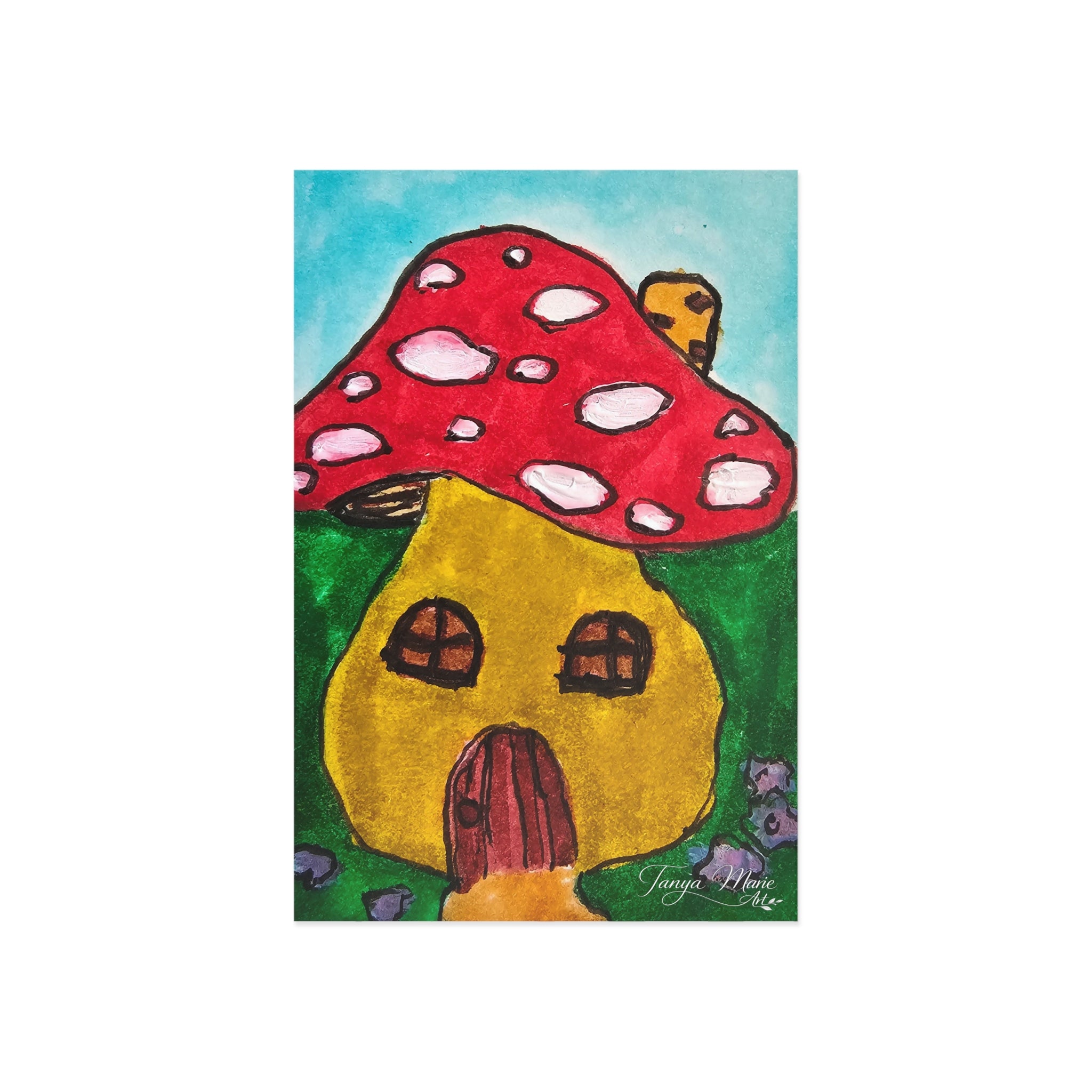 Vertical postcard showing red mushroom over yellow cottage with small windows
