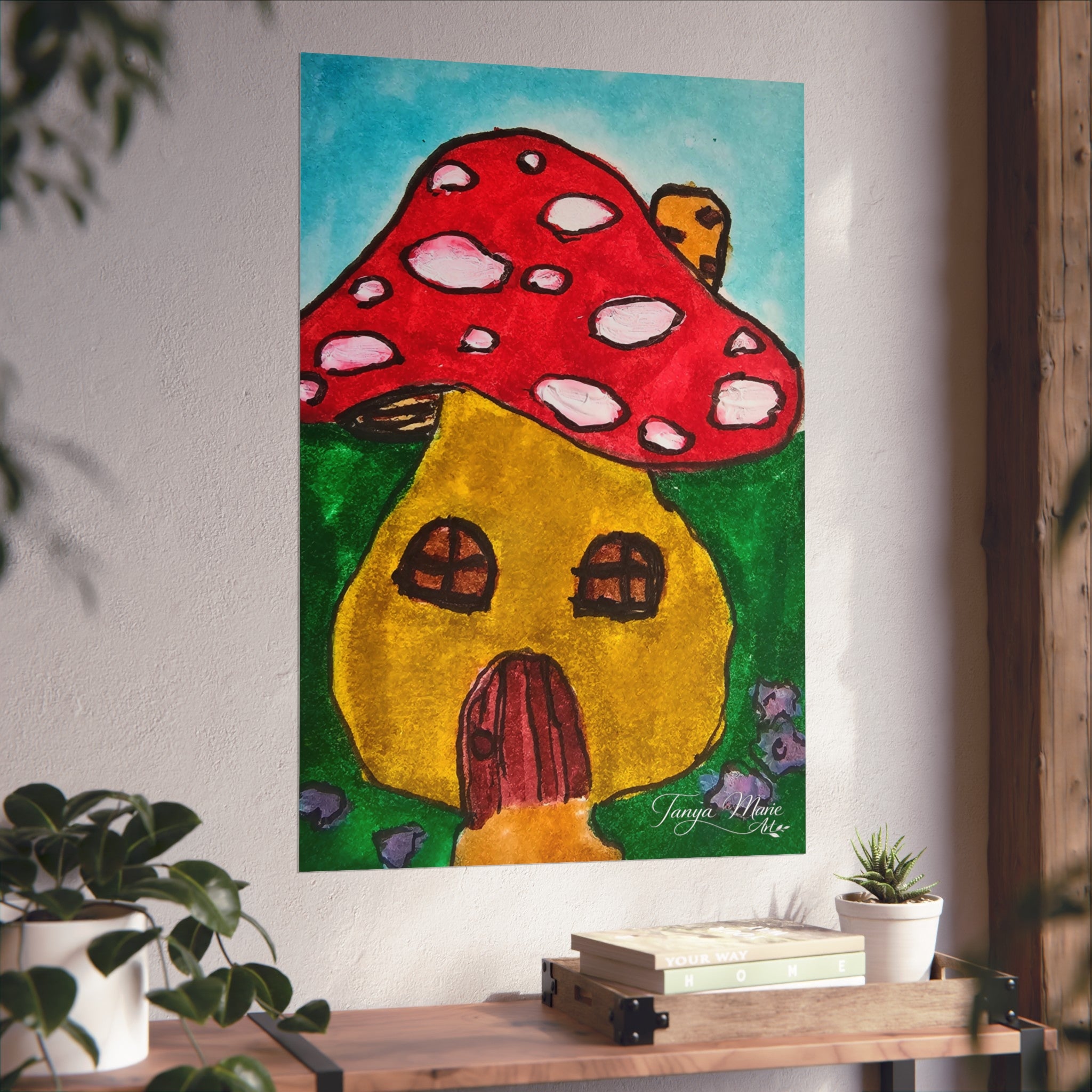 Mushroom house poster: red white-spotted mushroom over yellow cottage with doorway