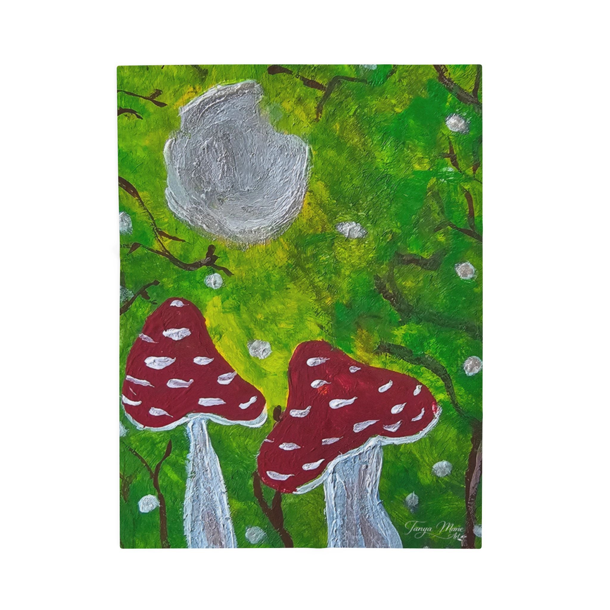 Square blanket artwork panel: green woodland with gray moon and red mushrooms.
