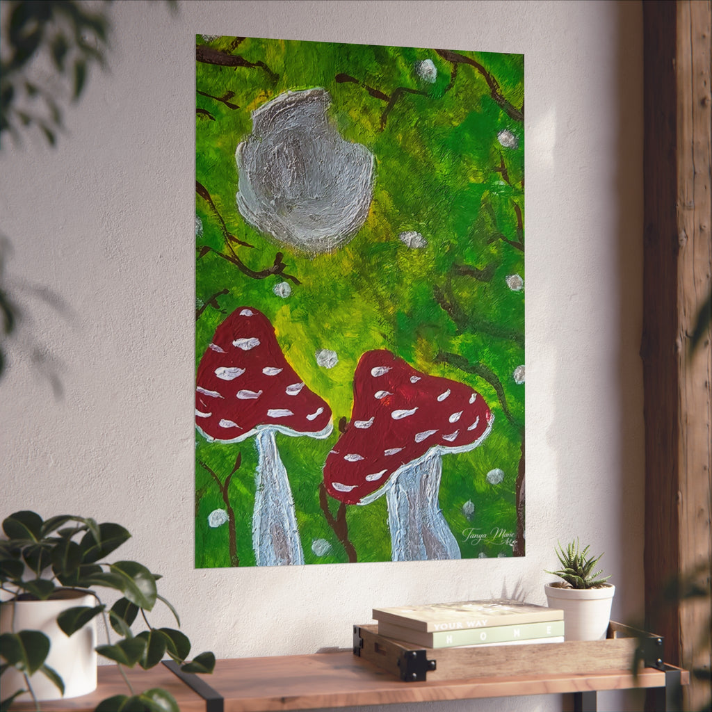 Vertical mushroom wall art poster with green background, gray round cap, and red spotted mushrooms.