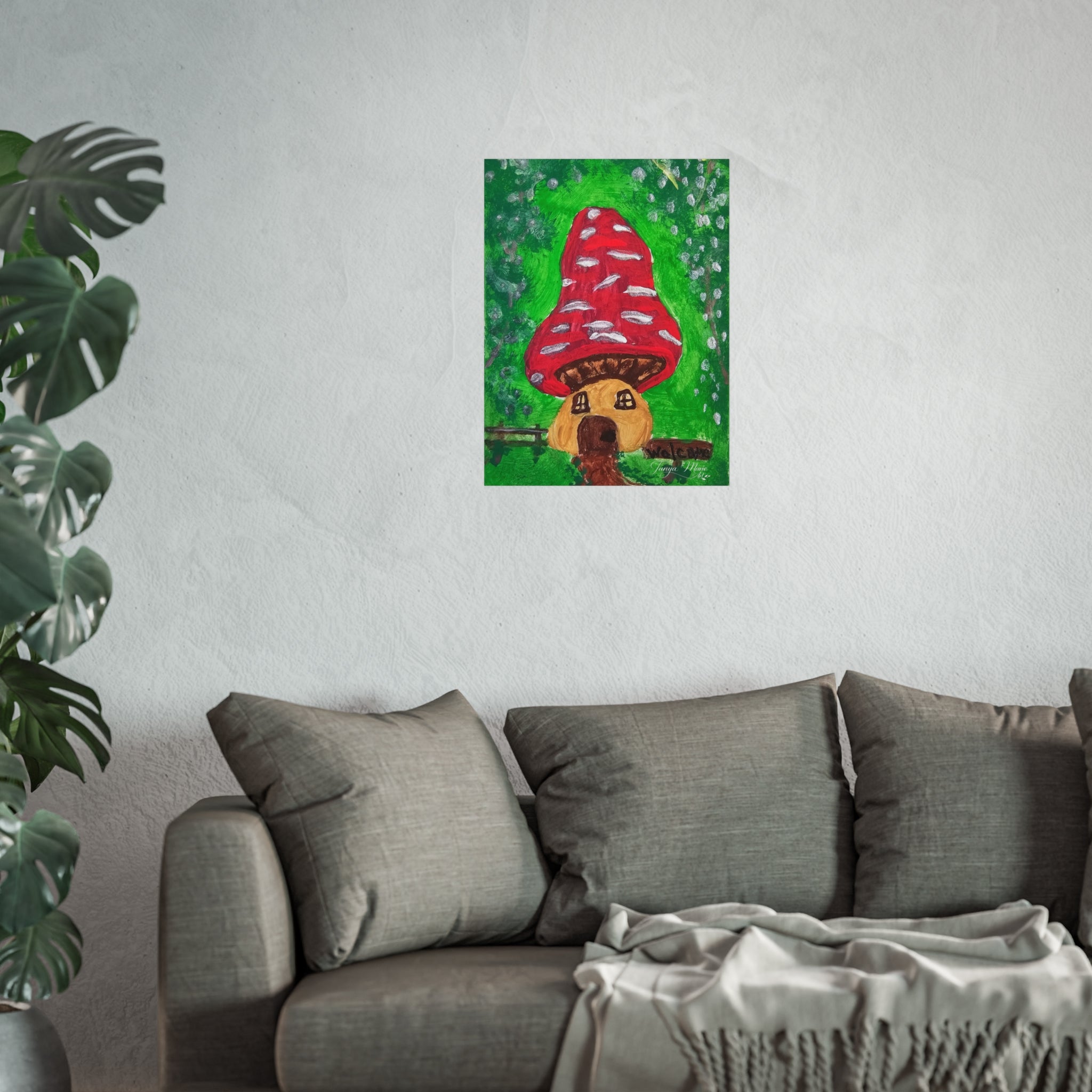 Small fine art poster of a red mushroom house with brown doorway and green foliage
