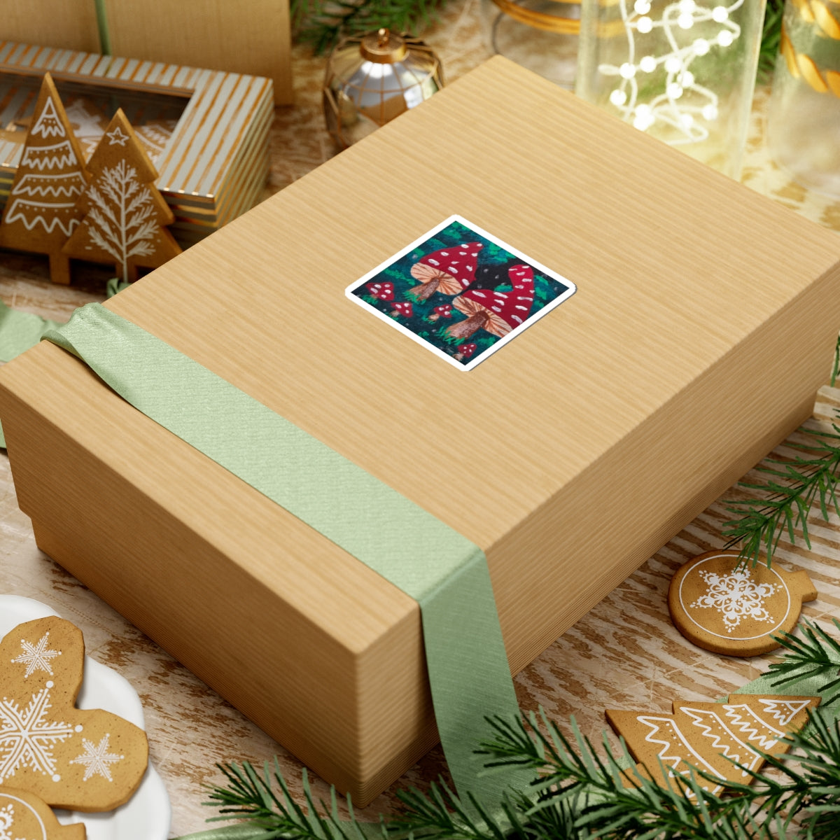 Square kiss-cut mushroom sticker featuring red-and-white spotted amanita artwork